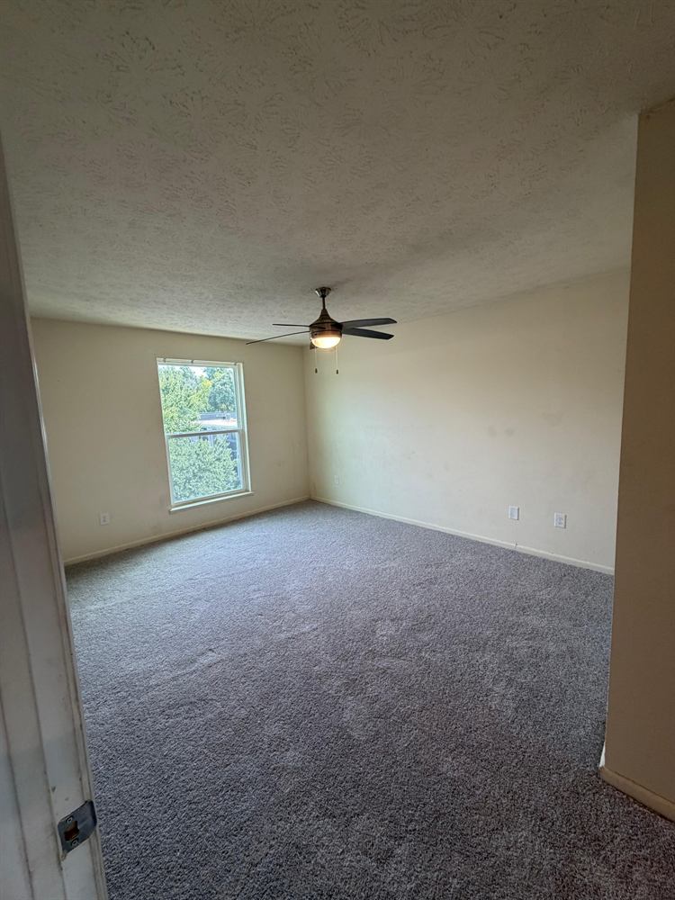 Bedroom after a two-coat repaint with clean baseboards